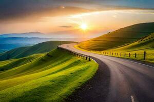 the sun rises over a winding road in the mountains. AI-Generated photo