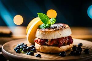 a sandwich with blueberries and a mint leaf on a wooden plate. AI-Generated photo