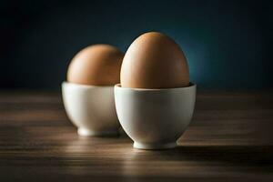 two eggs in white cups on a wooden table. AI-Generated photo