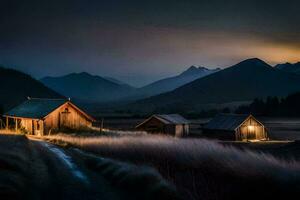 a small cabin in the middle of a field with mountains in the background. AI-Generated photo