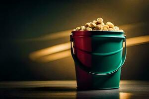 a bucket filled with popcorn on a table. AI-Generated photo