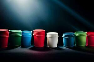 a row of colorful plastic cups on a dark background. AI-Generated photo