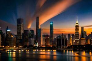 el ciudad horizonte a noche con un vistoso cielo. generado por ai foto