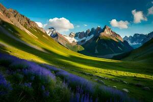 the mountains are covered in purple flowers and grass. AI-Generated photo