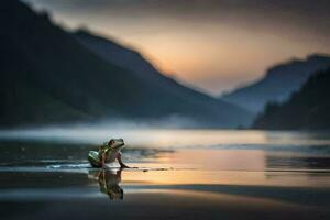 un rana es en pie en el playa a puesta de sol. generado por ai foto