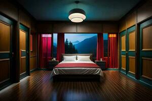 a bedroom with wooden floors and a bed. AI-Generated photo