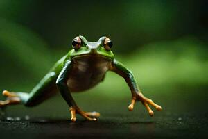 a frog is jumping on the ground. AI-Generated photo