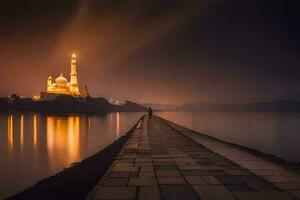 a man walks along a pier at night with a mosque in the background. AI-Generated photo