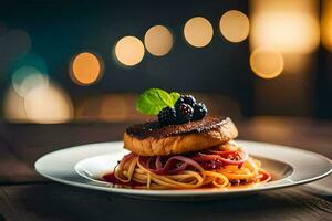 a plate with pasta and a fish on it. AI-Generated photo
