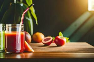 two glasses of juice with straws on a wooden table. AI-Generated photo