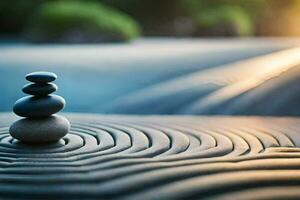 a stack of rocks sitting on top of a stone path. AI-Generated photo