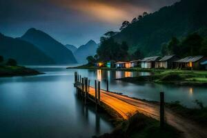 the wooden pier in the middle of the lake. AI-Generated photo