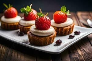 small cupcakes with strawberries on a white plate. AI-Generated photo