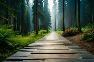 a wooden path in the middle of a forest. AI-Generated photo