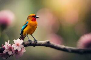 a colorful bird sits on a branch with pink flowers. AI-Generated photo