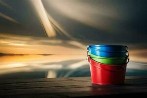 colorful buckets on a wooden dock with a sunset in the background. AI-Generated photo
