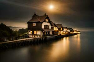 un casa en el agua a noche con un lleno Luna. generado por ai foto