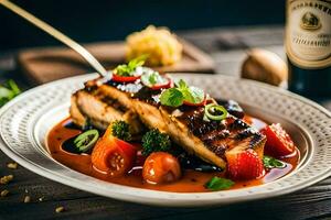 grilled salmon with tomato sauce and vegetables on a white plate. AI-Generated photo