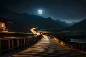 a wooden bridge leads to a mountain at night. AI-Generated photo