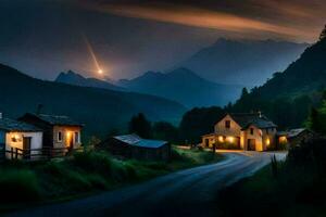 un pequeño pueblo en el montañas a noche. generado por ai foto