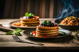 pancakes with sauce and berries on a wooden table. AI-Generated photo