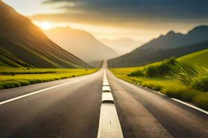 a long empty road in the mountains at sunset. AI-Generated photo