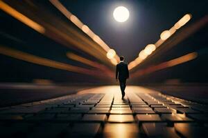 a man walking down a road at night with the moon in the background. AI-Generated photo