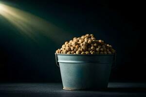 a bucket filled with peanuts on a dark background. AI-Generated photo