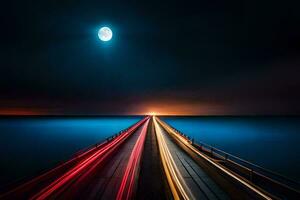 un largo exposición foto de un puente con un Luna en el antecedentes. generado por ai