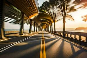 a blurry image of a road with trees and a bridge. AI-Generated photo