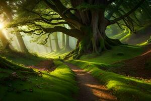 photo wallpaper forest, the sun, trees, path, sunlight, the sun, trees, path. AI-Generated