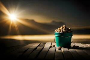 a bucket of nuts on a wooden table with the sun shining. AI-Generated photo