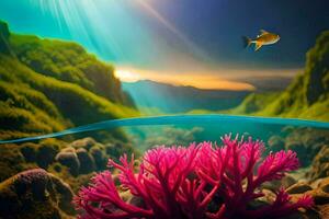 un pescado nadando en el Oceano con coral y un submarino escena. generado por ai foto