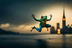 a frog jumping in the air with a city in the background. AI-Generated photo