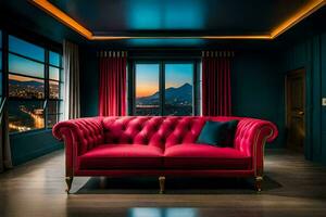 a red couch in a room with a view of the city. AI-Generated photo