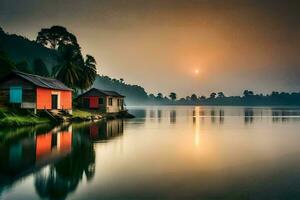 a house on the water with a sunrise behind it. AI-Generated photo