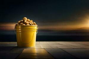 a bucket of peanuts on a wooden floor. AI-Generated photo