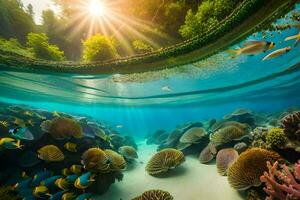 the sun shines over a coral reef and tropical fish. AI-Generated photo