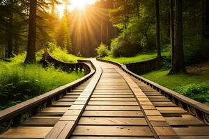 a wooden walkway in the forest with the sun shining. AI-Generated photo