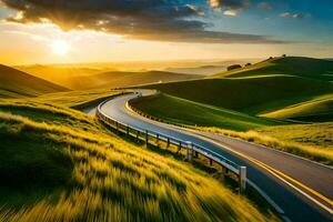 el la carretera a el puesta de sol. generado por ai foto