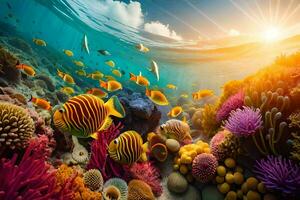 the sun shines over a coral reef and fish. AI-Generated photo