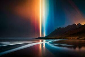 the aurora borealis is seen in the sky over a beach. AI-Generated photo