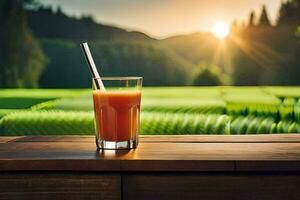 a glass of juice on a table in front of a green field. AI-Generated photo