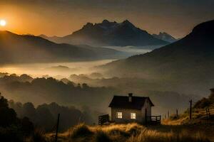 un pequeño casa se sienta en un colina con vista a el montañas. generado por ai foto