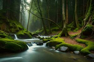 a stream runs through a forest with mossy rocks. AI-Generated photo