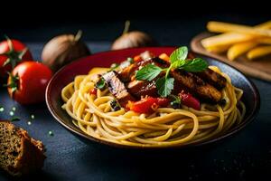 spaghetti with meat and vegetables in a bowl. AI-Generated photo