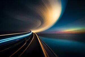 a long exposure photograph of a train traveling through the night. AI-Generated photo