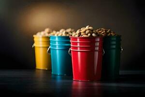 four buckets of peanuts on a dark table. AI-Generated photo