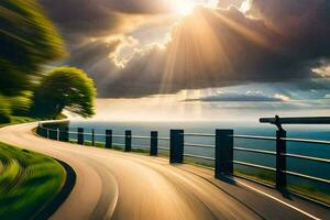 a road with a tree in the foreground and sun shining through the clouds. AI-Generated photo