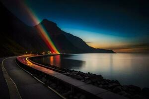 a rainbow is shining over the ocean at night. AI-Generated photo